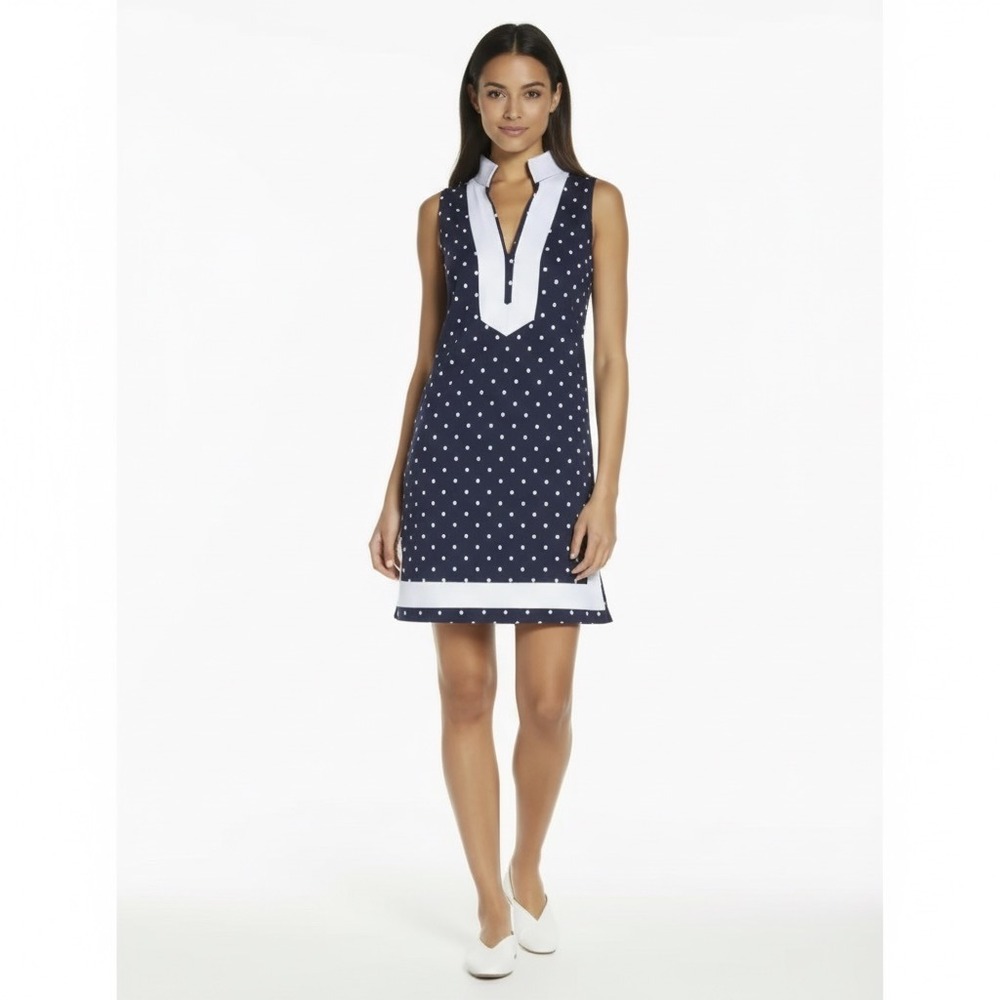 Eliza J Cotton Polka Dot Shift Dress Women 8 Navy Blue White Sleeveless Preppy